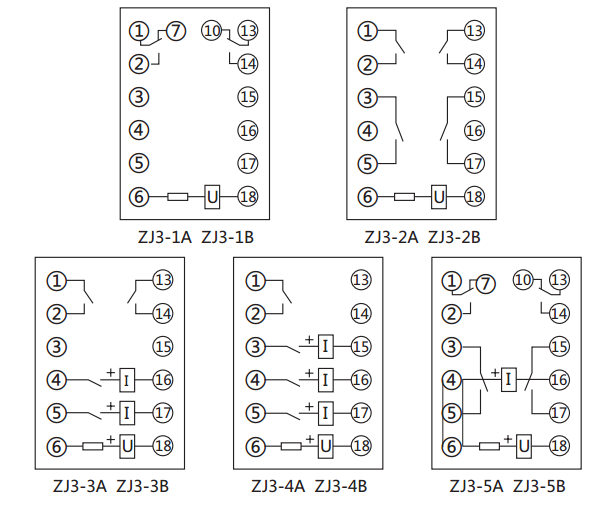 ZJ3-1A快速中間繼電器內部接線圖及外引接線圖(正視圖)
